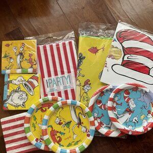 Dr. Seuss Birthday Party Kit - Plates/Napkins/Tablecover/Deco Cat In Hat LOT 12